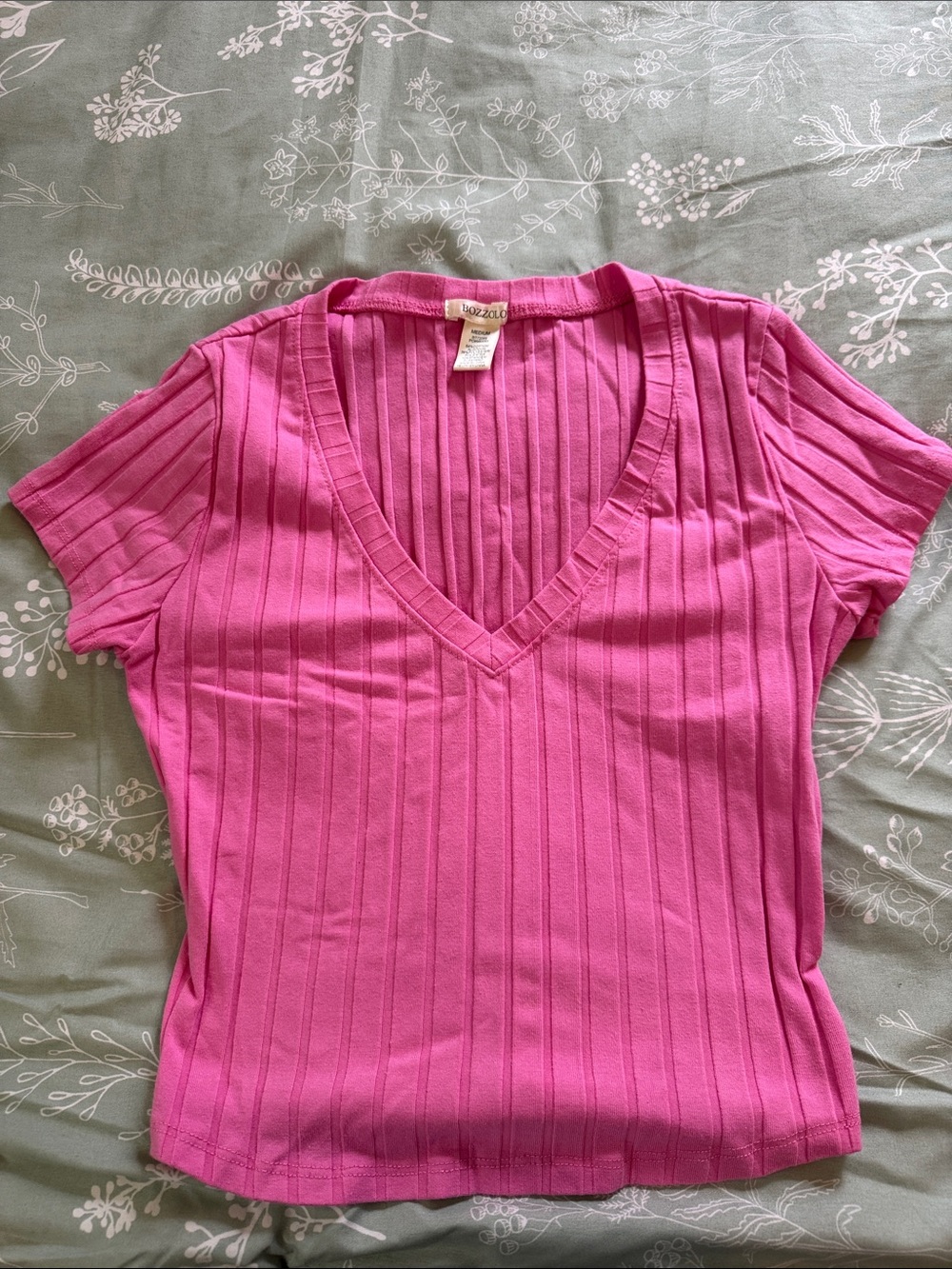 Bozzolo Hot Pink Ribbed V-Neck Short Sleeve Top